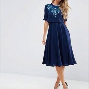 ASOS Navy Midi Dress with Blue Embroidered Yoke